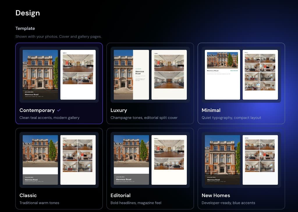 The same property shown in six BrochurePDF designs: Contemporary, Luxury, Minimal, Classic, Editorial and New Homes